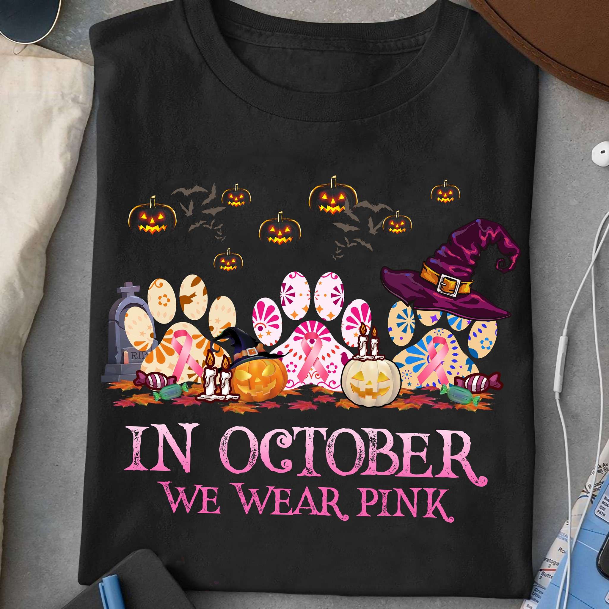 In october we wear pink - Halloween pumpkin ribbon, halloween costume