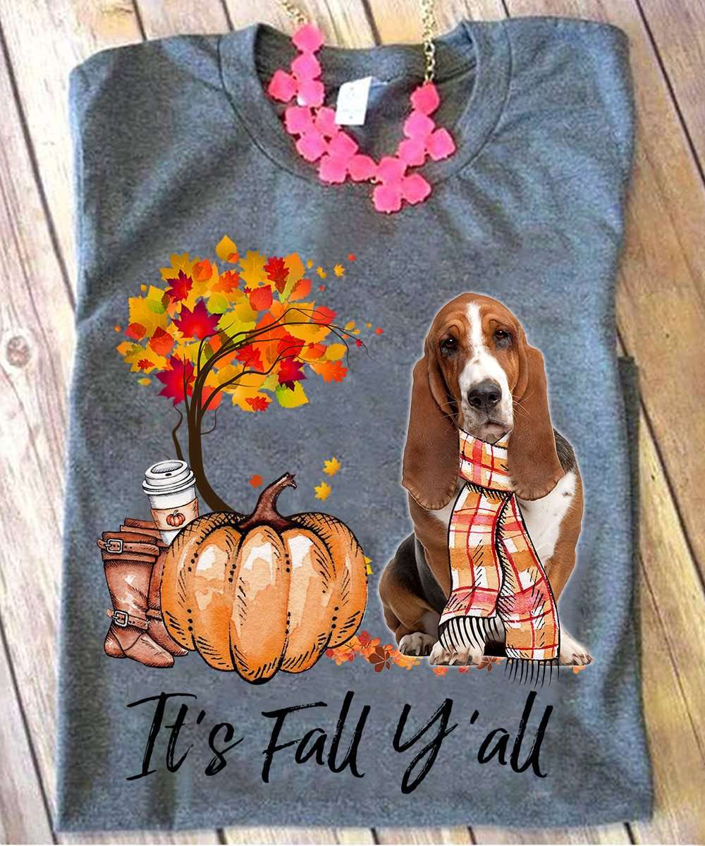 It's fall y'all - basset hound dog, basset hound and pumpkin