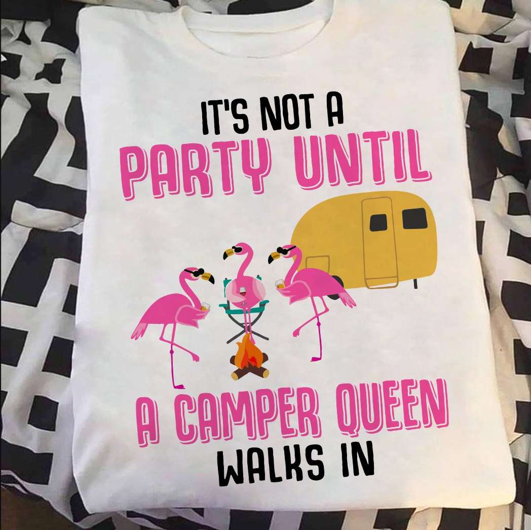 It's not a party until a camper queen walks in - Flamingo go camping, camping car flamingo