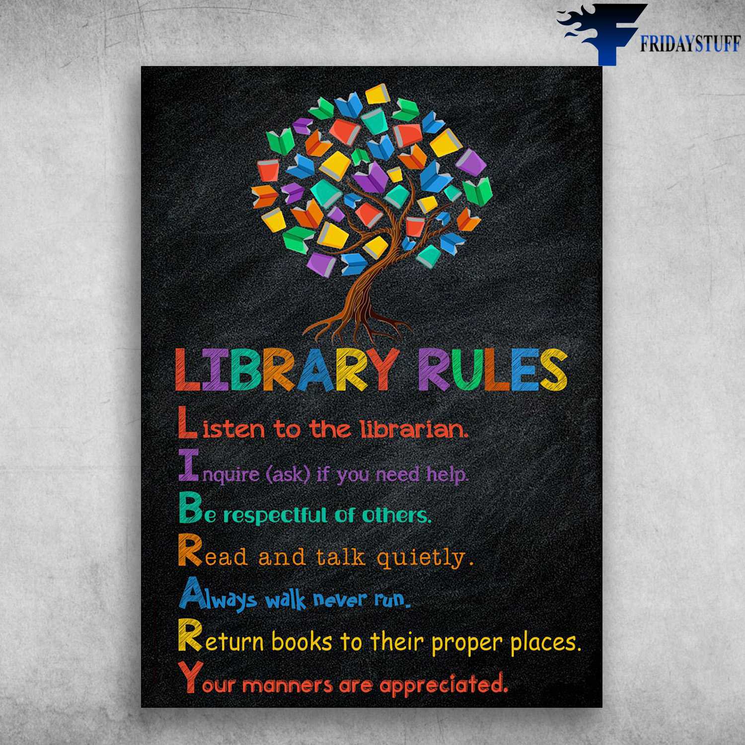 Library Rules - Listen To The Librarian, Inquire (Ask) If You Need Help, Be Respectful Of Other, Read And Talk Quietly, Always Walk Never Run