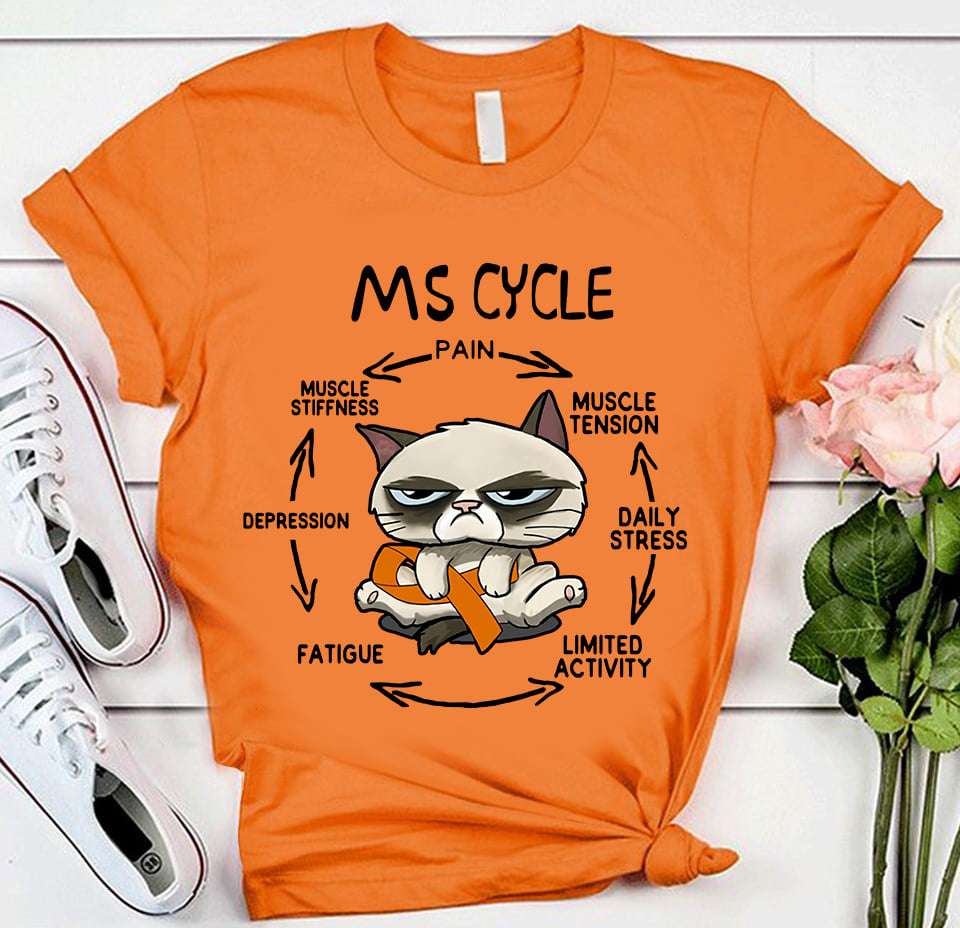 MS Cycle - Multiple sclerosis, muscle siffness, muscle tension, daily stress, cat with cancer ribbon