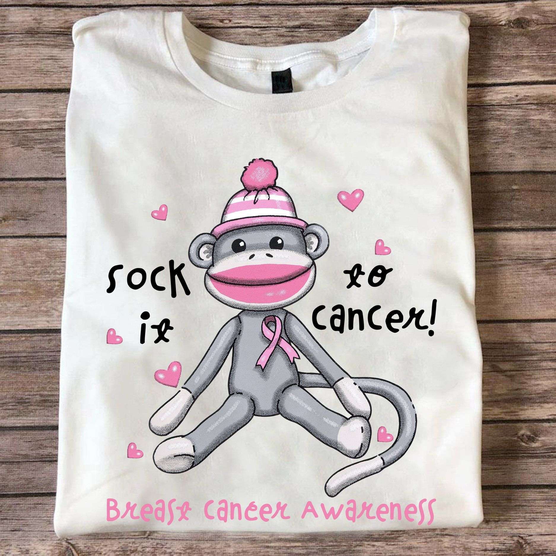 Sock it to cancer - Breast cancer awareness, monkey puppet cancer ribbon