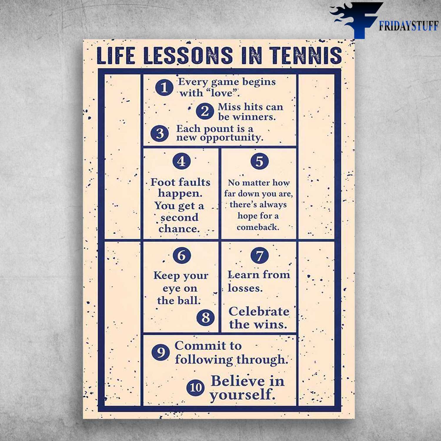 Tennis Poster, Life Lessons In Tennis - Every Game Begins With Love, Miss Hits Can Be Winners, Each Pount Is A New Opportunity, Foot Faults Happen, You Get A Second Chance