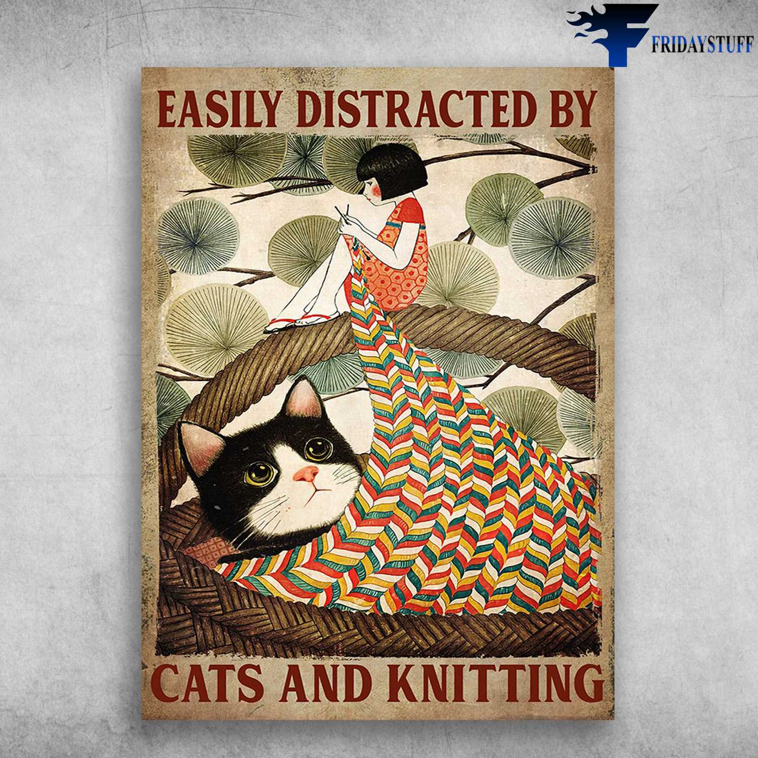 Tuxedo Cat, Knitting Girl - Easily Distracted By, Cats And Knitting