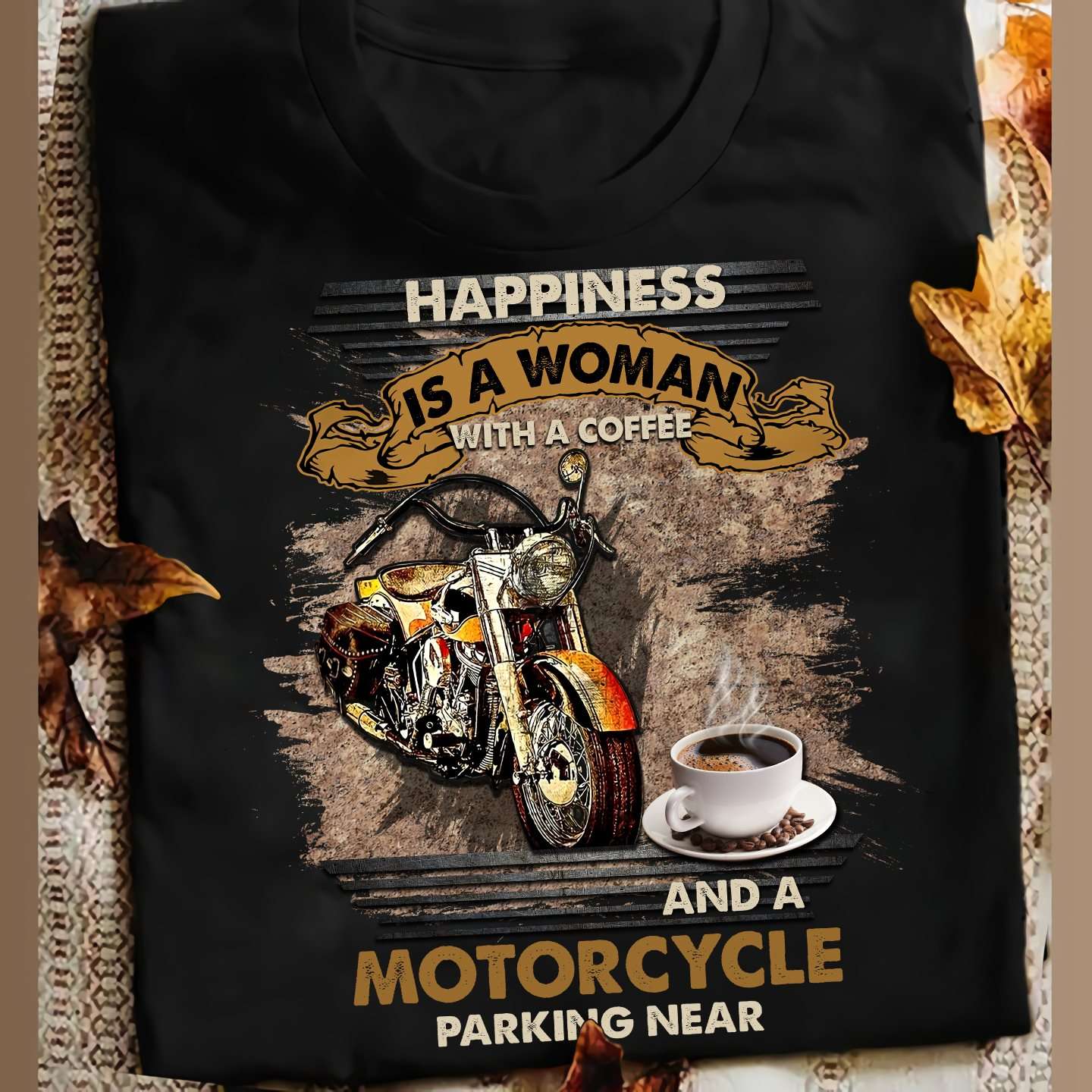 Motorcycles Coffee - Happiness is a woman with a coffee and motorcycle parking near