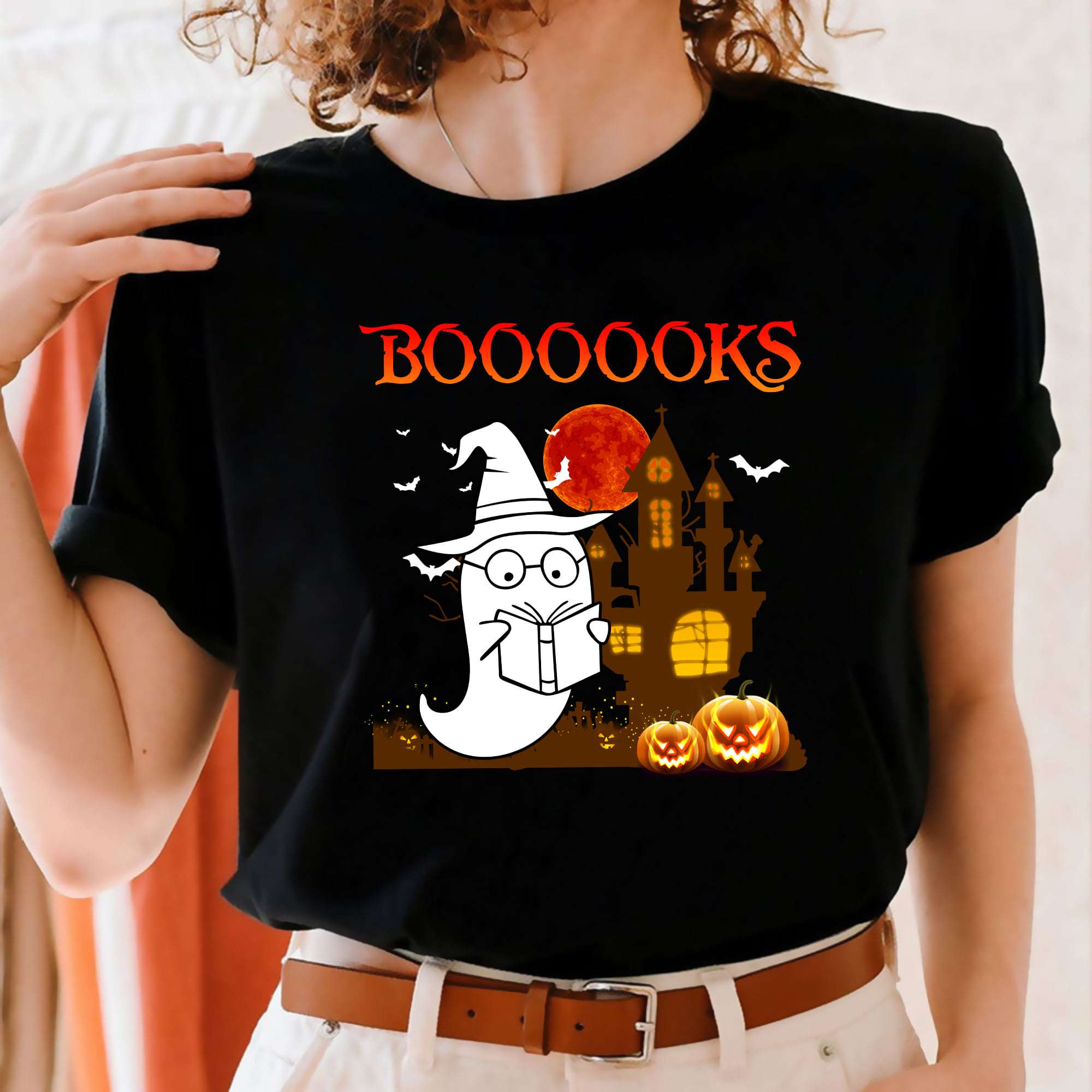 Boooooks - White ghost reading books, bookaholic costume for Halloween, Happy halloween