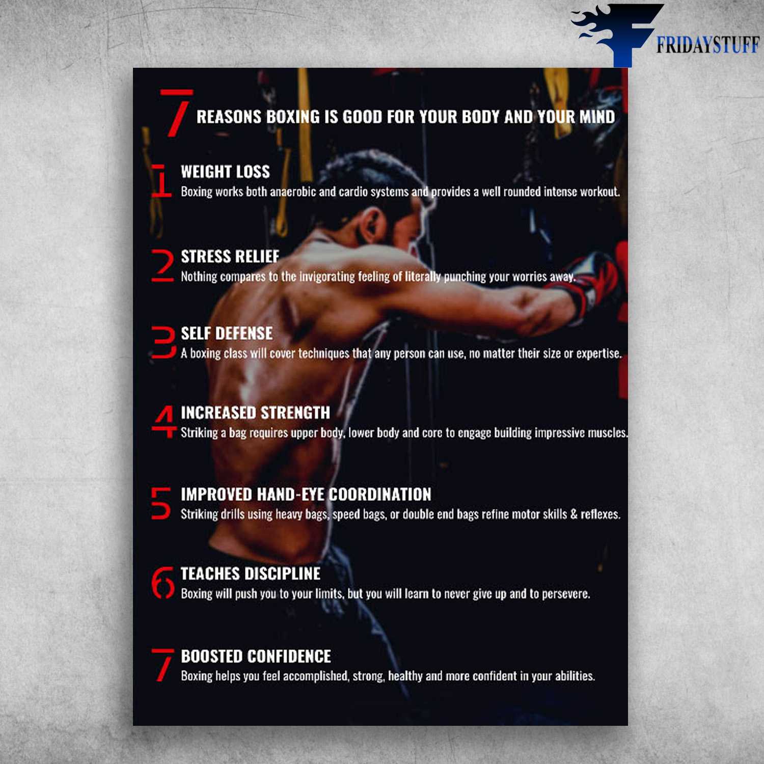 Boxing Poster - 7 Reasons Boxing Is Good, For Your Body And Your Mind, Wieght Loss, Stress Relife, Self Defensee, Increased Strength, Improved Hand-Eye Coordination