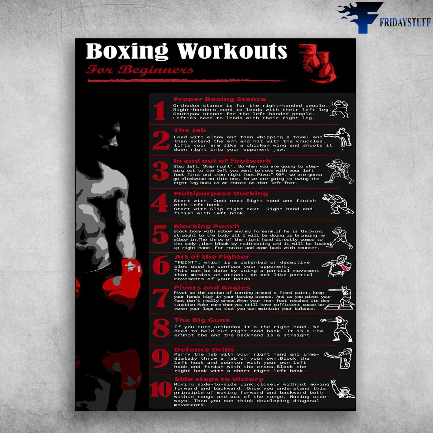 Boxing Workouts For Beginners, Boxing Poster - Proper Boxing Stance, The Jab, In And Out Of Footwork, Multipurpose Ducking, Blocking Punch