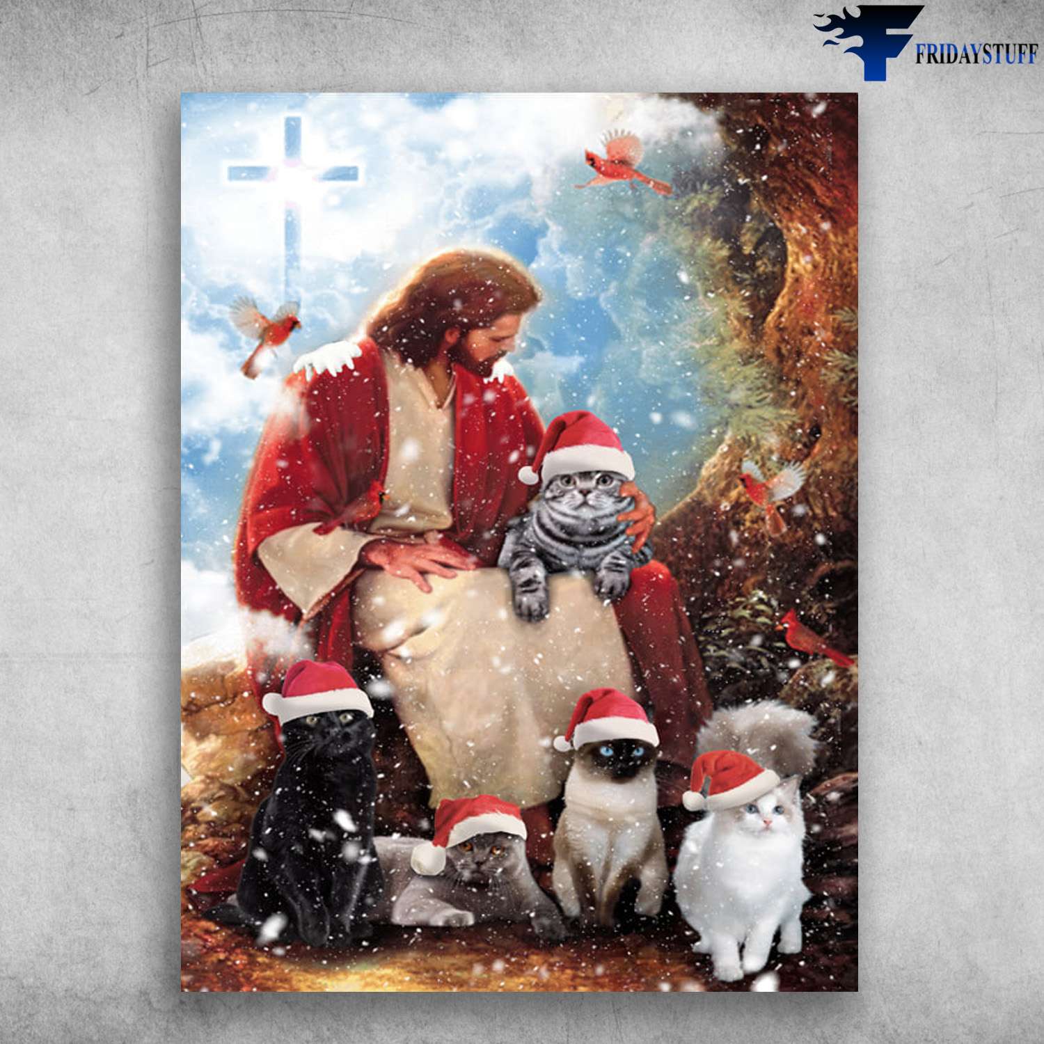 Cat Lover, Cardinal Bird, Christmas Poster, Jesus Cat Lover