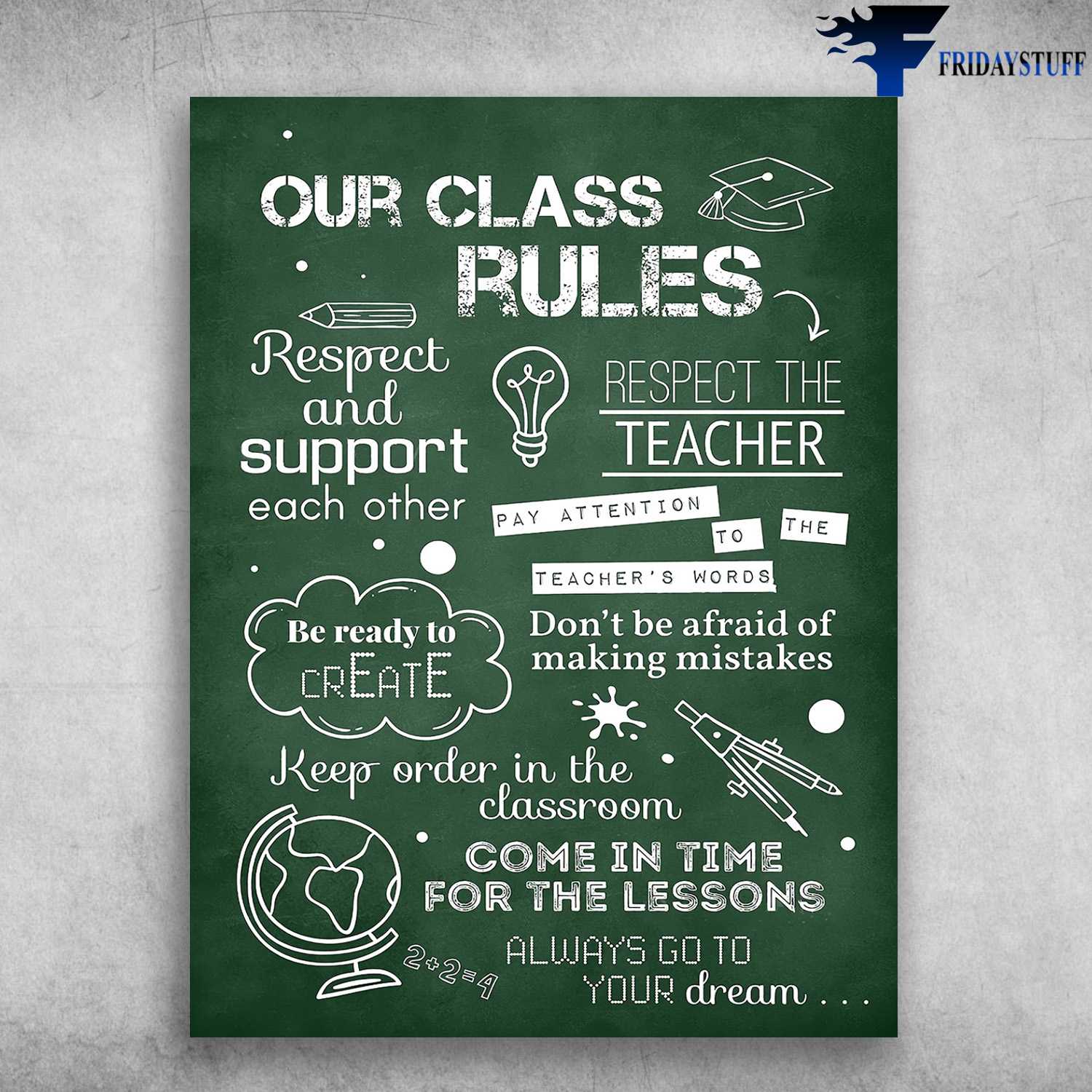 Classroom Poster - Our Class Rules, Respect And Support Each Other, Respect The Teacher, Pay Attention To The Teacher's Words