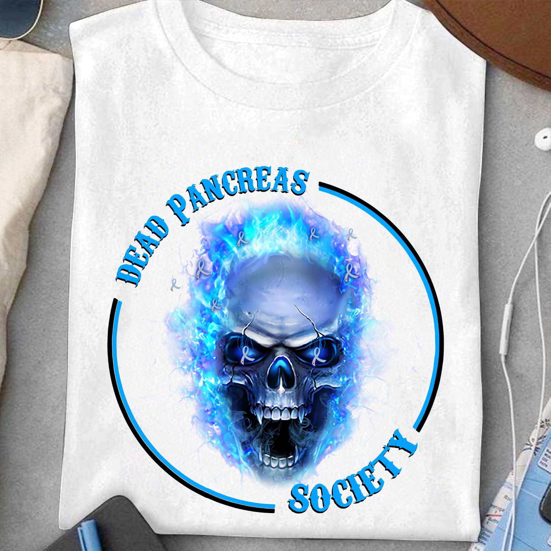 Dead pancreas society - Blue flame skull, Diabetes awareness