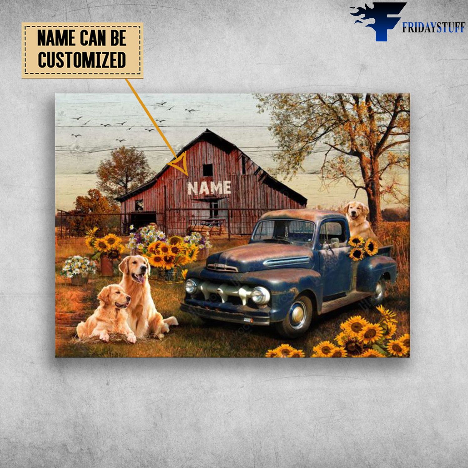 Golden Retriever, Farm Truck, Sunflower Lover