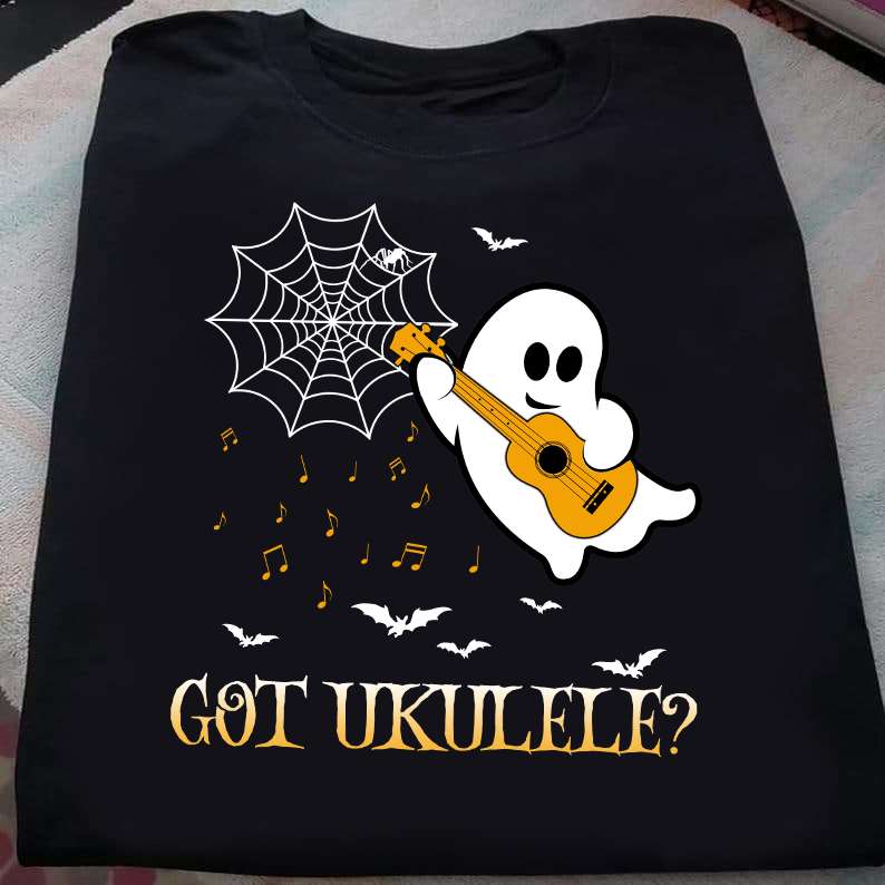 Got ukulele Happy halloween with ukulele, white ghost playing ukulele
