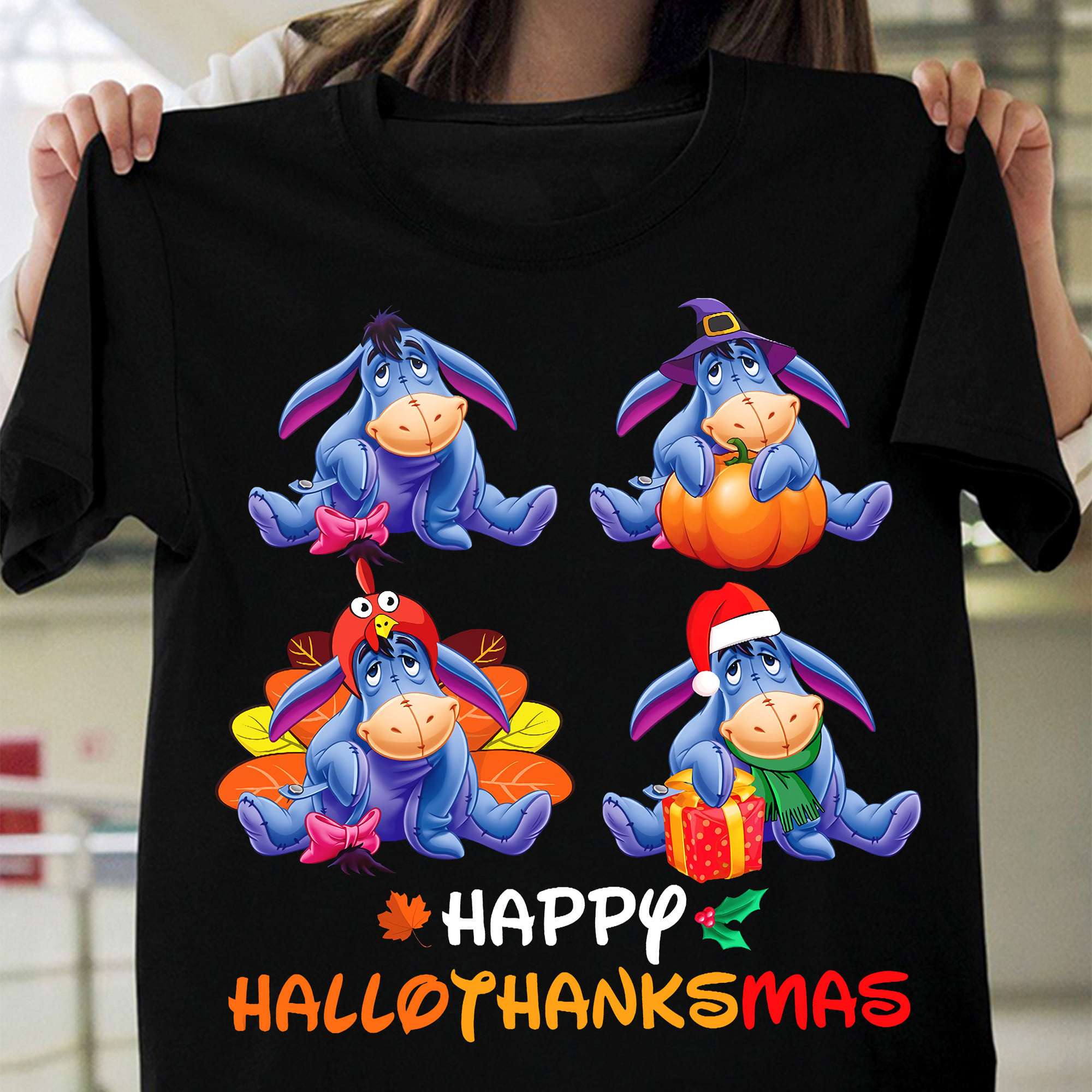 Happy HalloThanksMas - Eeyore donkey, Happy Halloween, Merry Christmas T-shirt
