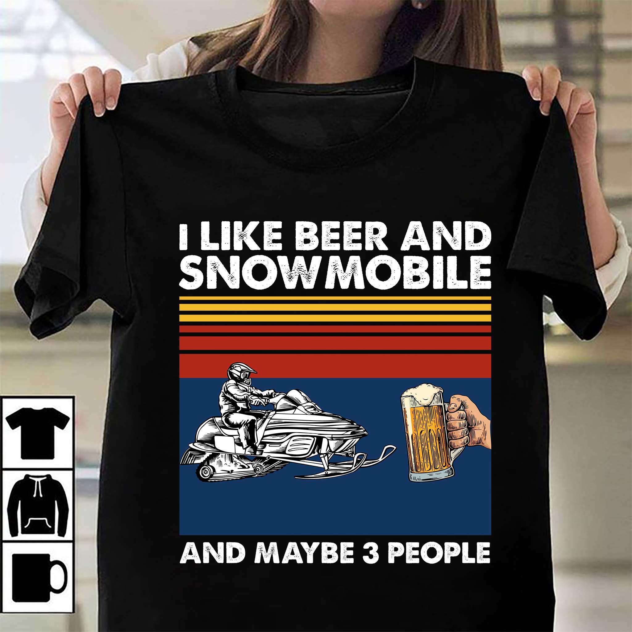 I like beer and snowmobile and maybe 3 people - Man riding snowmobile, riding and drinking hobby