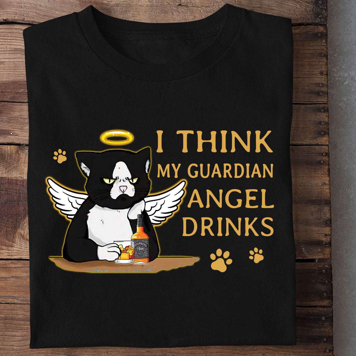 I think my guardian angel drinks - Black cat angel, cat and wine