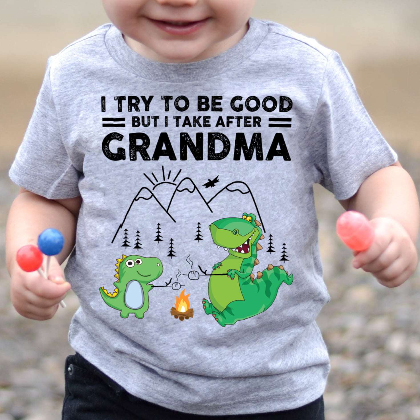 I try to be good but I take after grandma - Grandma dinosaur, grandma and grandchildren