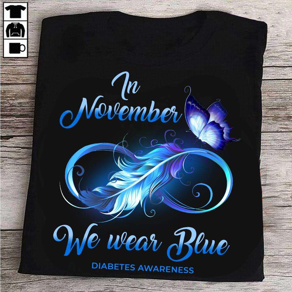 In November we wear blue - Diabetes awareness, feather butterfly ribbon
