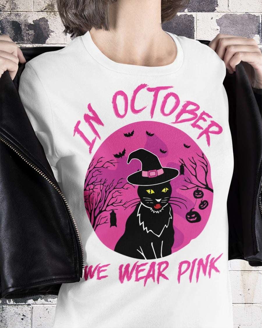 In October we wear pink - Halloween black cat witch, Cancer awareness month