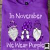 In november we wear purple - Alzheimer's awareness, purple garden gnomes