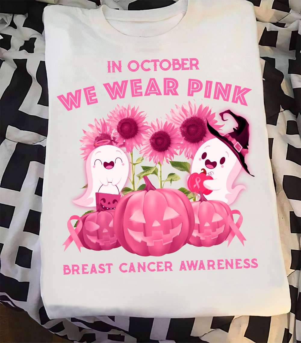 In october we wear pink - Breast cancer awareness, pumpkin and white ghost ribbon