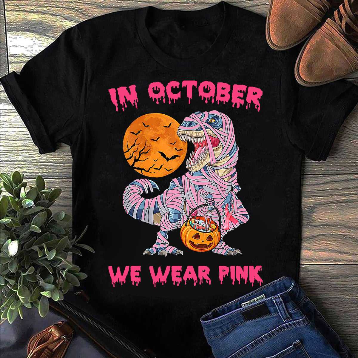 In october we wear pink - Halloween trick or treat, Dinosaur mummy costume