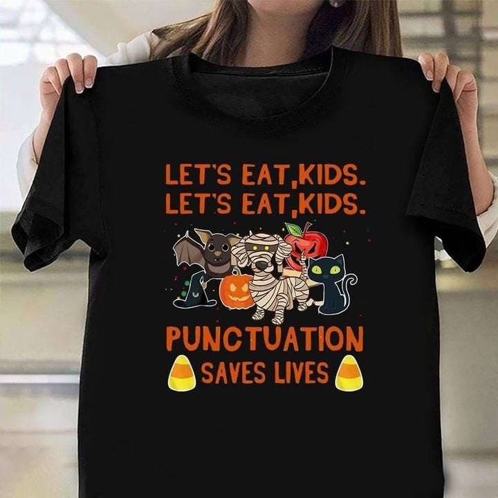 Let's eat kids - Let's eat, kids - Punctuation saves lives, Halloween pumpkin and Dachshund