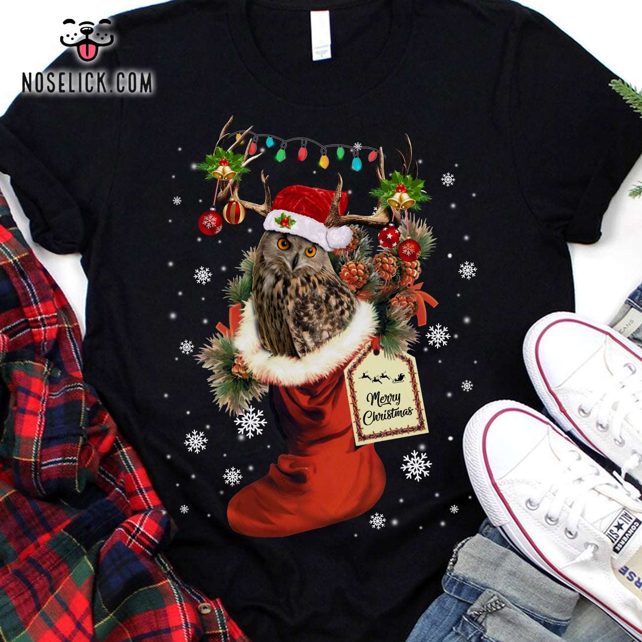 Merry Christmas - Owl and Christmas sock, Christmas Santa Claus
