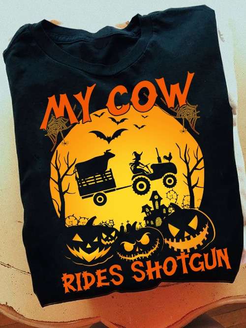 My cow rides shotgun - Halloween pumpkin, witch driving tractor