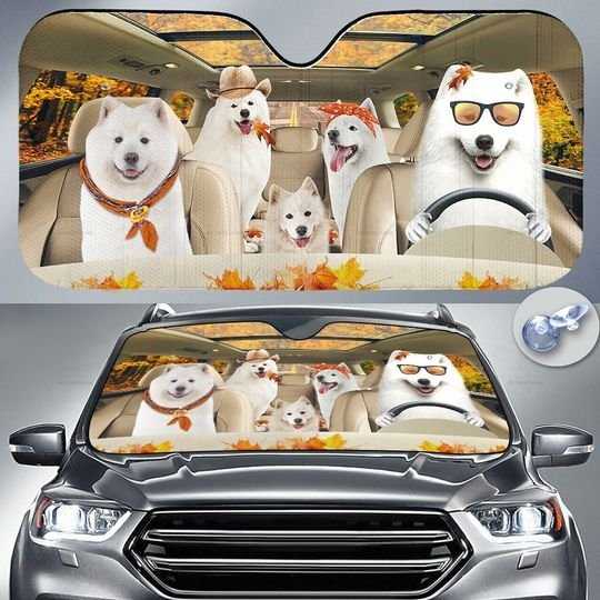 Samoyed Dog, Autumn Road, Dog Auto Sun Shade, Dog Lover