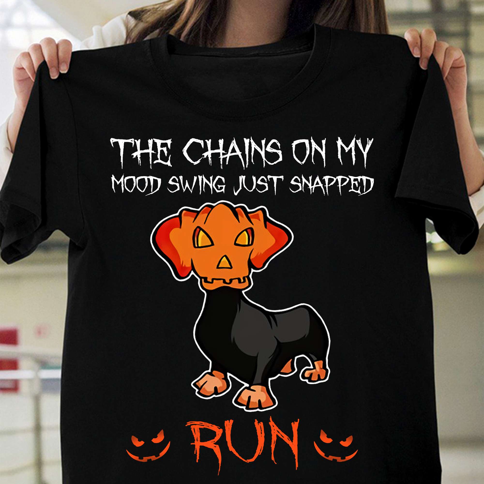 The chains on my mood swing just snapped run - Halloween Dachshund costume, Dachshund with skull pumpkin head