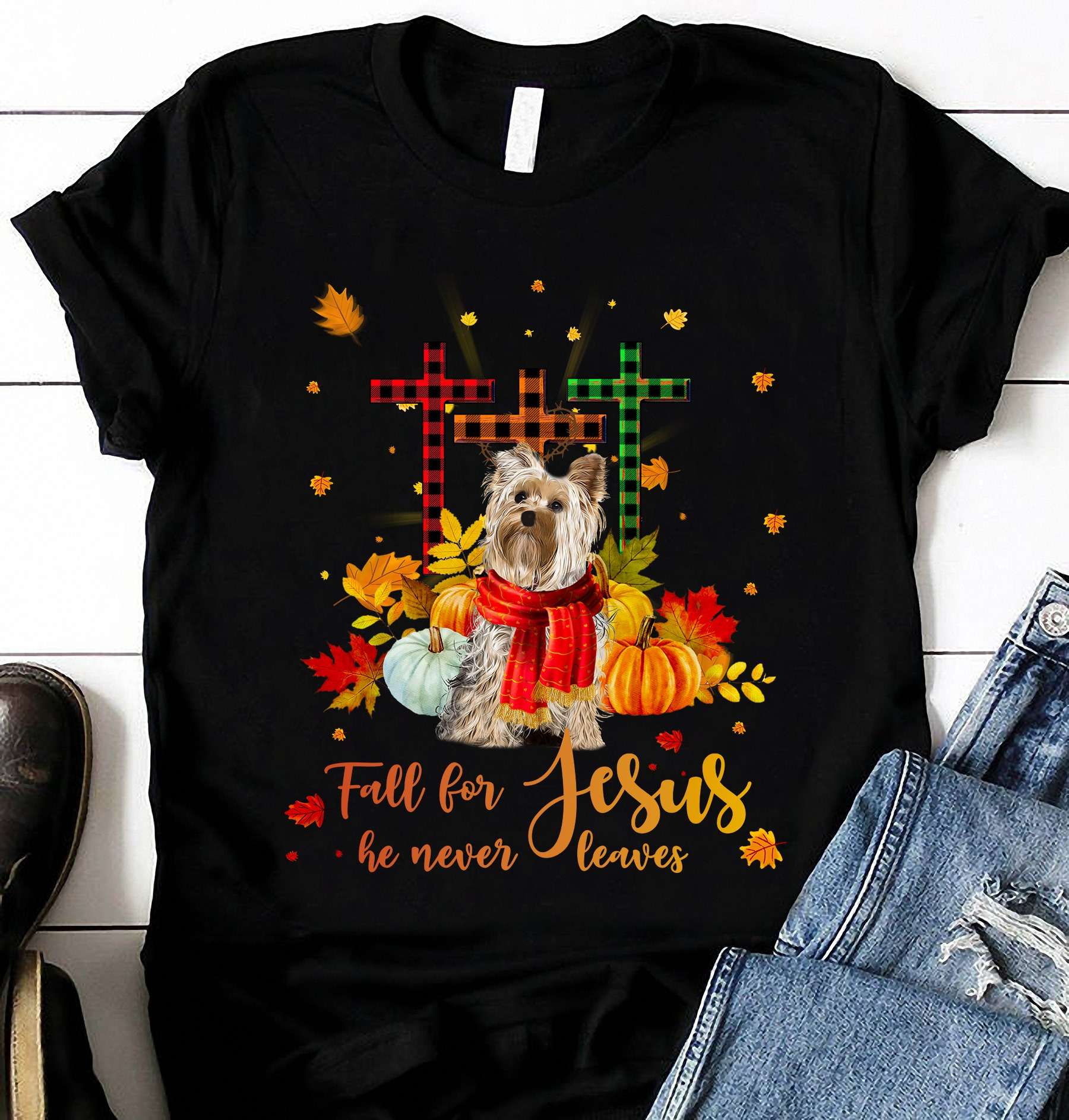 Yorkshire Terrier With Pumpkin, Fall Season Gift - Fall for Jesus he never leaves
