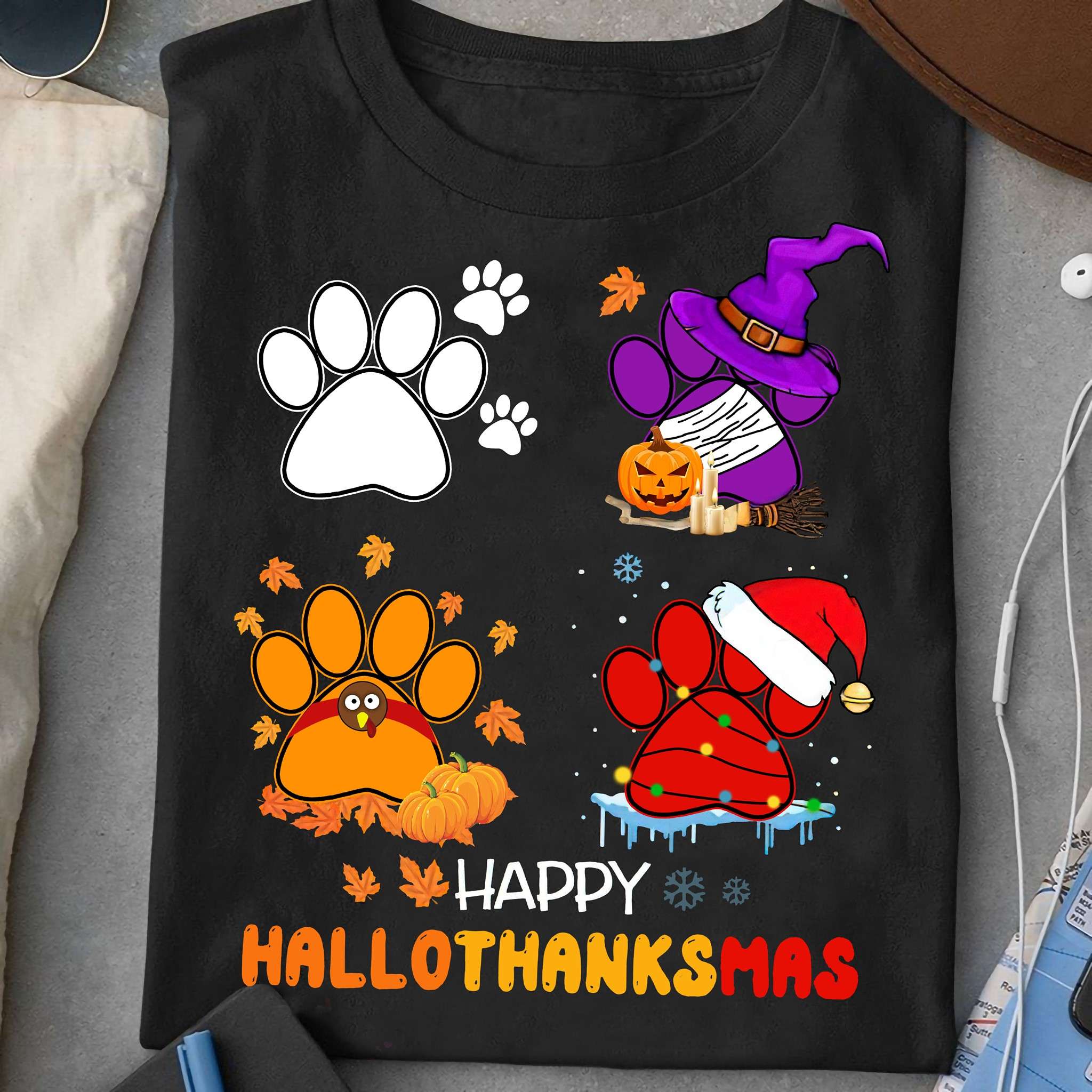 Dog Footprint Halloween And Merry Chritsmas - Happy Hallothanksmas