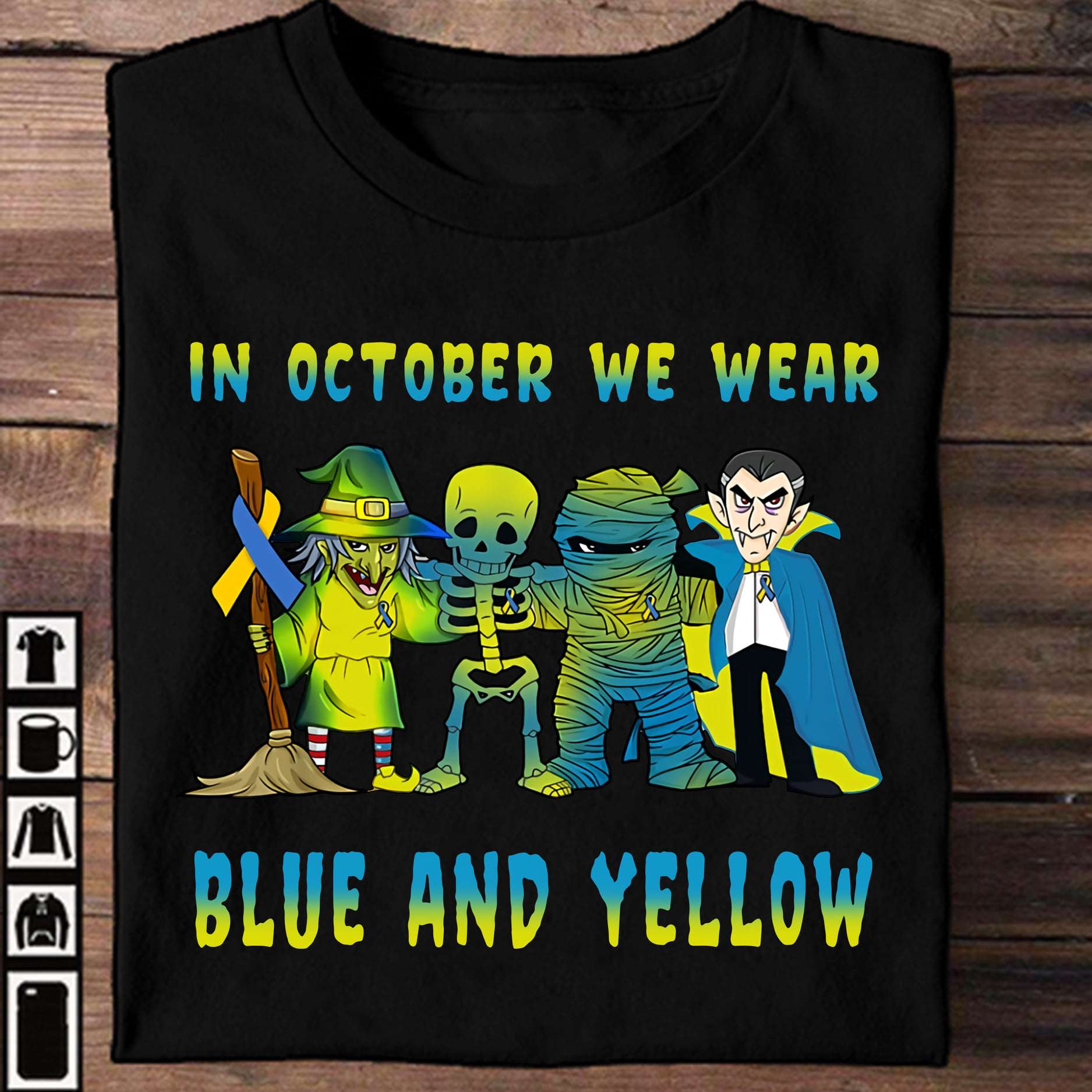 Hrror Character Down Syndrome Ribbon - In october we wear blue and yellow