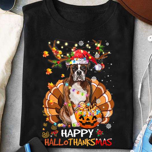 Boxer Christmas Hat, Twinkle Christmas Lights - Happy hallothanksmas