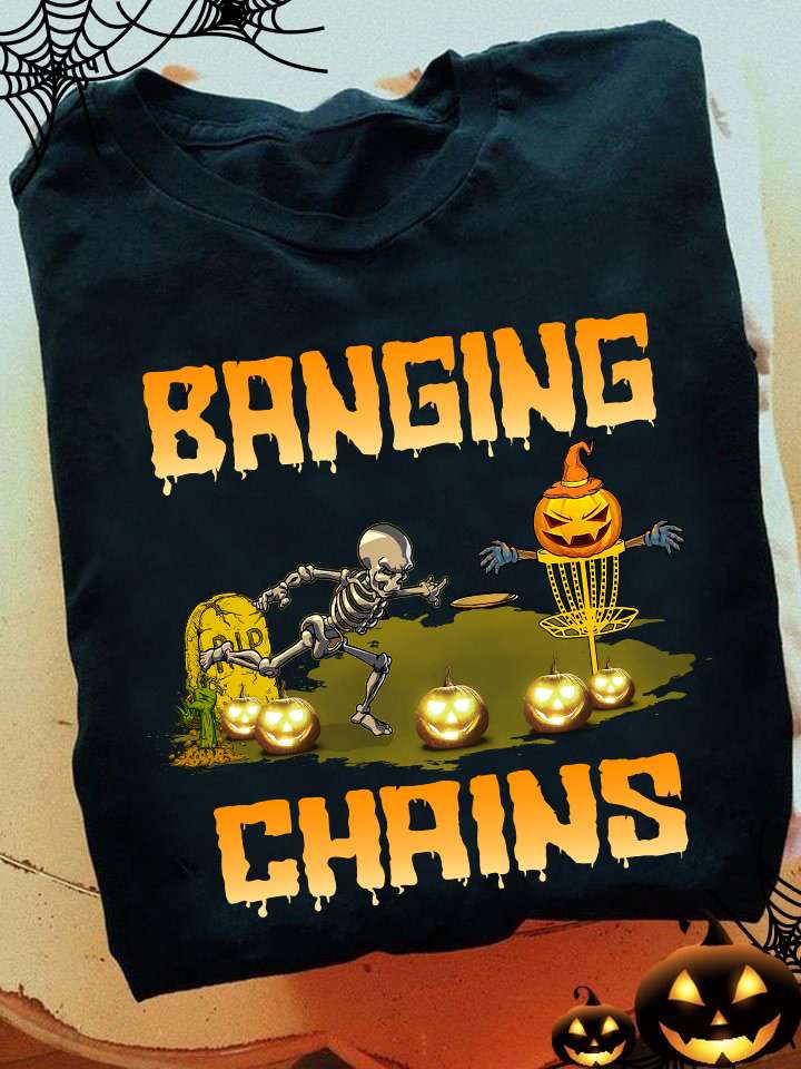 Skeleton Playing Disc Golf, Halloween Night - Banging chains
