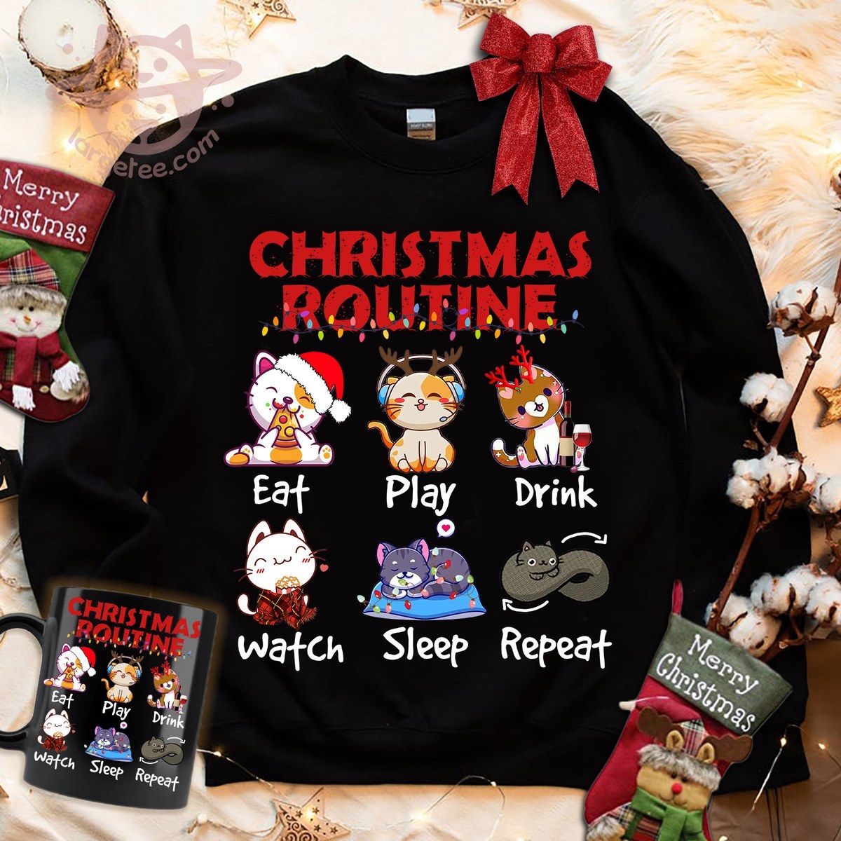 Christmas Routine eat play drink watch sleep repeat - Gift For Cat Lover