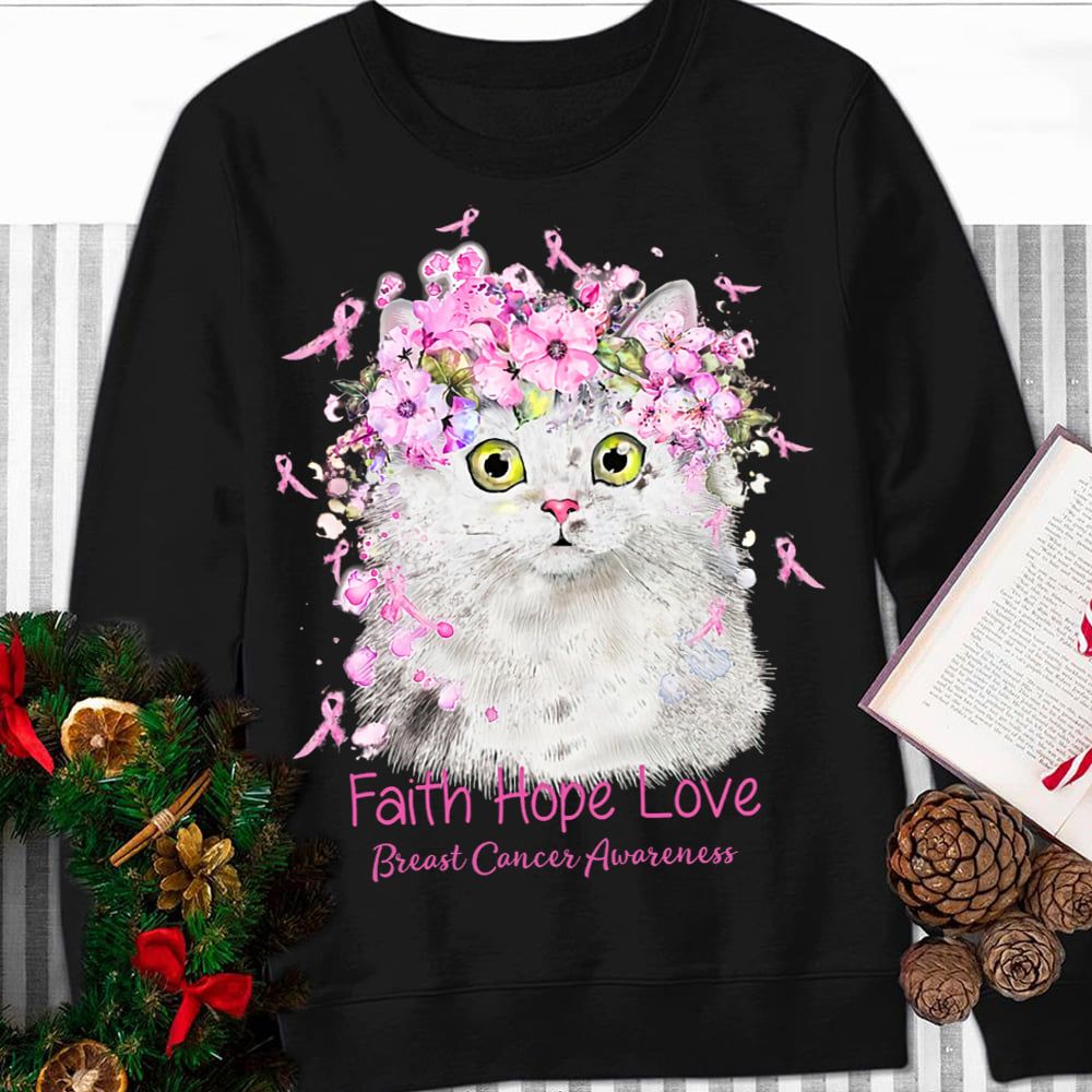 Breast Cancer Cat Butterfly - Faith hope love breast cancer awareness