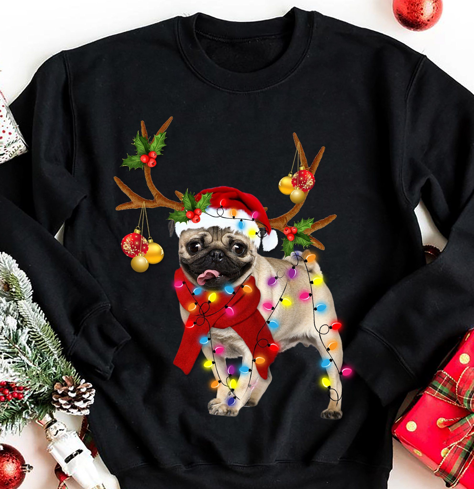 Chistmas Raindeer Pug, Gift for Pug lover - Bauble And Fairy Lights, Merry Christmas