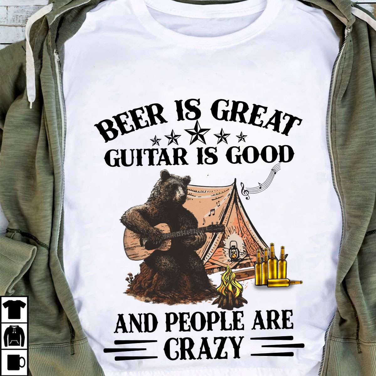 Beer is great, guitar is good and people are crazy - Bear playing guitar, guitar and beer