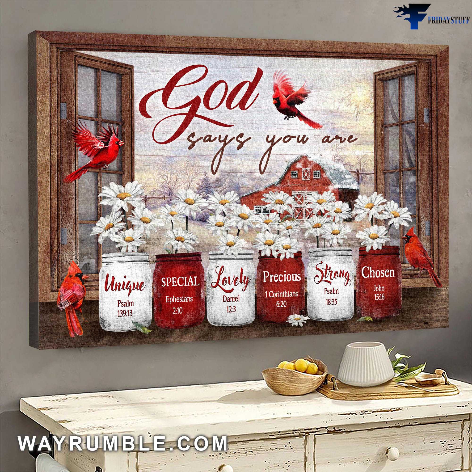Cardinal Bird, Flower Poster - God Says You Are Unique, Special, Lovely, Precious, Strong, Chosen, Window Poster