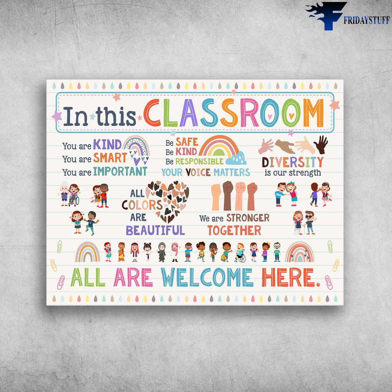 Classroom Rules - In This Classroom, You Are Kind, You Are Smart, You Are Inportant, Be Safe, Be Kind, Be Responsible, Your Voice Matters