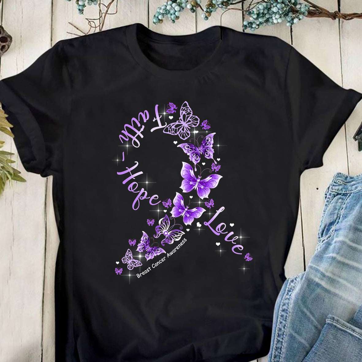 Faith hope love - Breast cancer awarness, butterflies cancer ribbon shirt