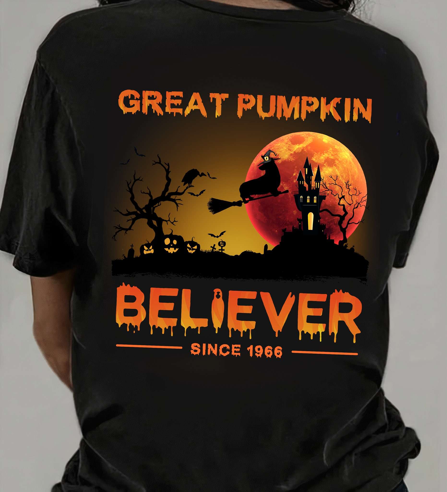Great pumpkin believer - Halloween witch costume, Dachshund dog riding broom