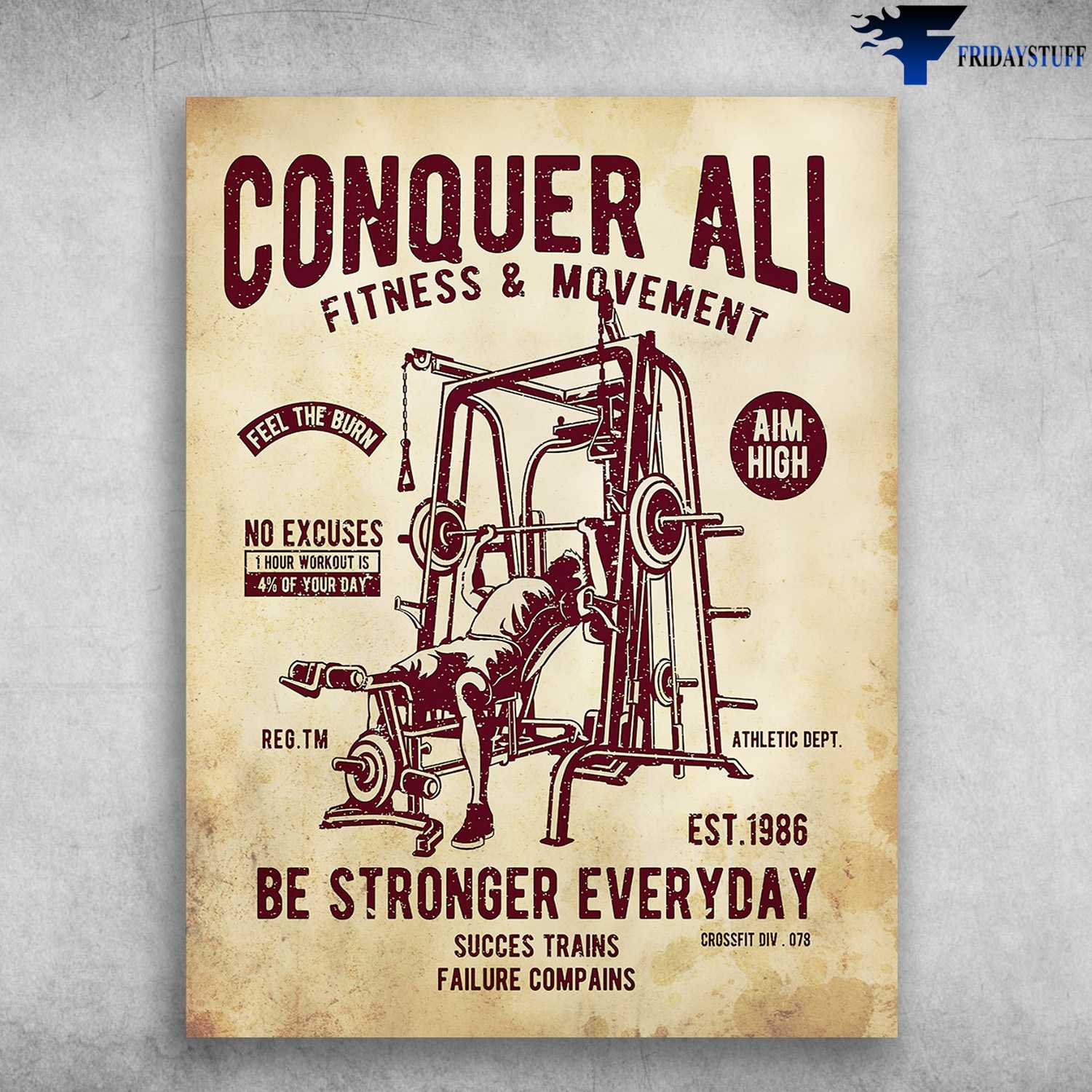 Gym Room, Gym Poster - Conquer All, Fitness And Movement, Feel The Burn, Aim High, No Excuses, Be Stronger Everyday