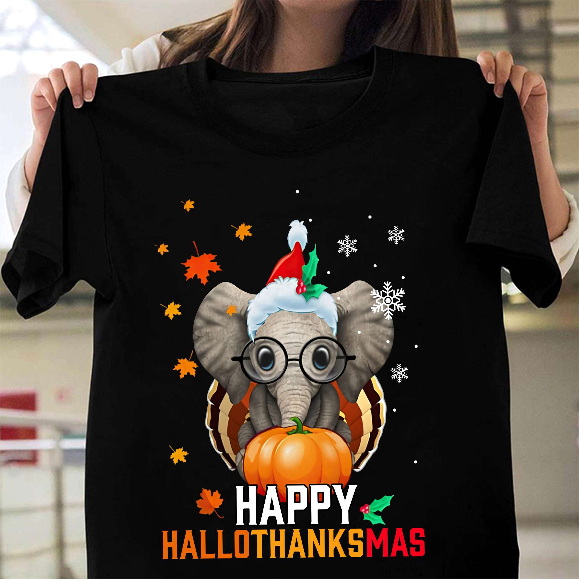 Happy HalloThanksMas - Elephant and pumpkin, Halloween gift, Christmas day T-shirt
