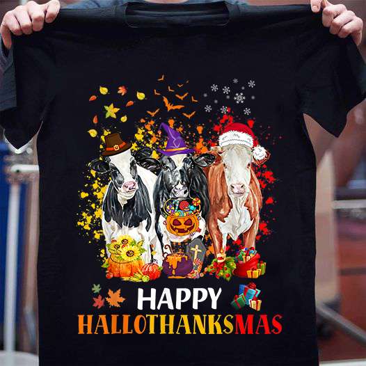 Happy HalloThanksMas - Funny Cow Graphic T-shirt, Christmas day gift