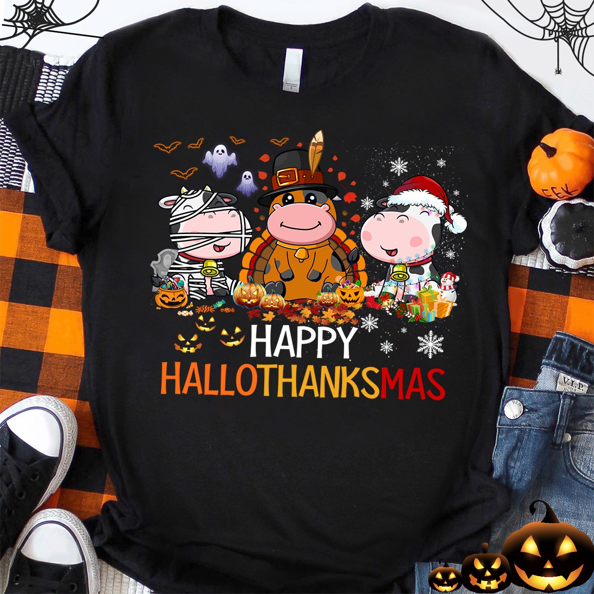 Happy HalloThanksMas - Funny cow graphic T-shirt, Halloween cow costume