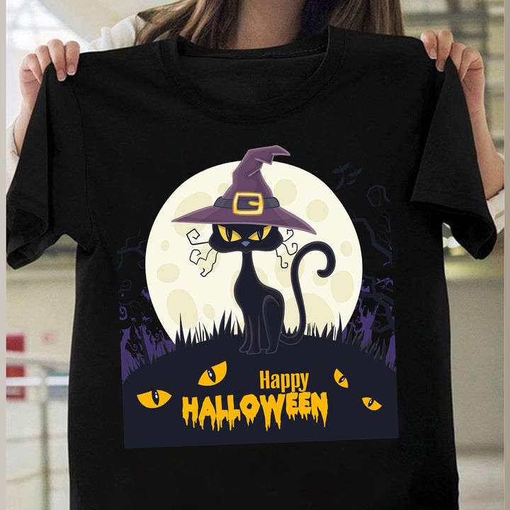 Happy Halloween T-shirt - Black cat witch, Halloween witch costume shirt
