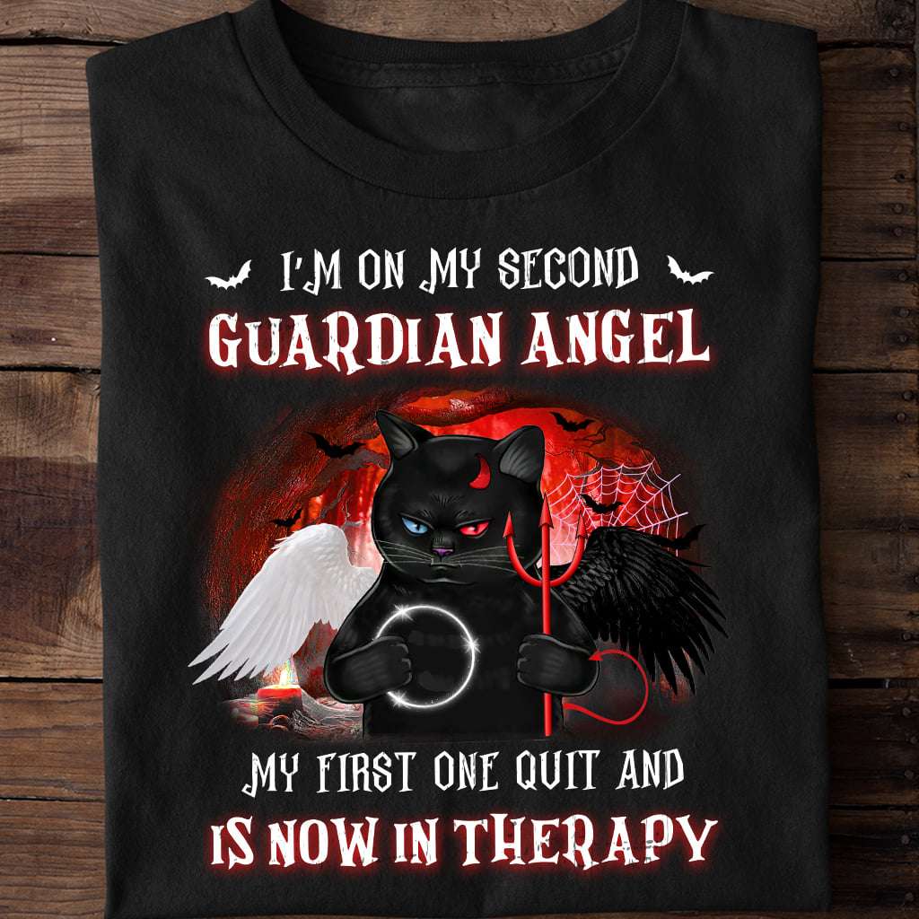 I'm on my second guardian angel my first one quit and is now in therapy - Black cat devil, devil and angel